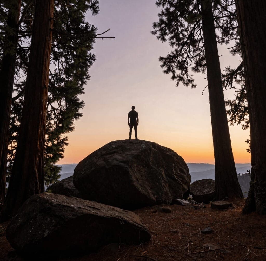 A lone figure on a boulder between tall trees at sunset
